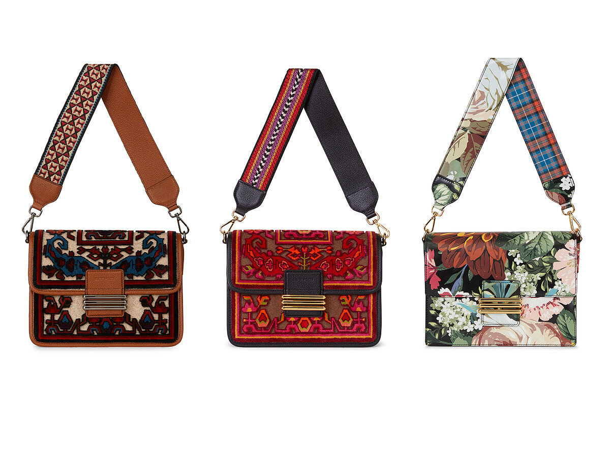  彩虹刺繡肩背包(RAINBOW BAG WITH EMBROIDERY)、民族風刺繡肩背包(EMBROIDERED RAINBOW SHOULDER BAG)、花間漫步印花肩背包(FLORAL BIO FABRIC RAINBOW BAG)