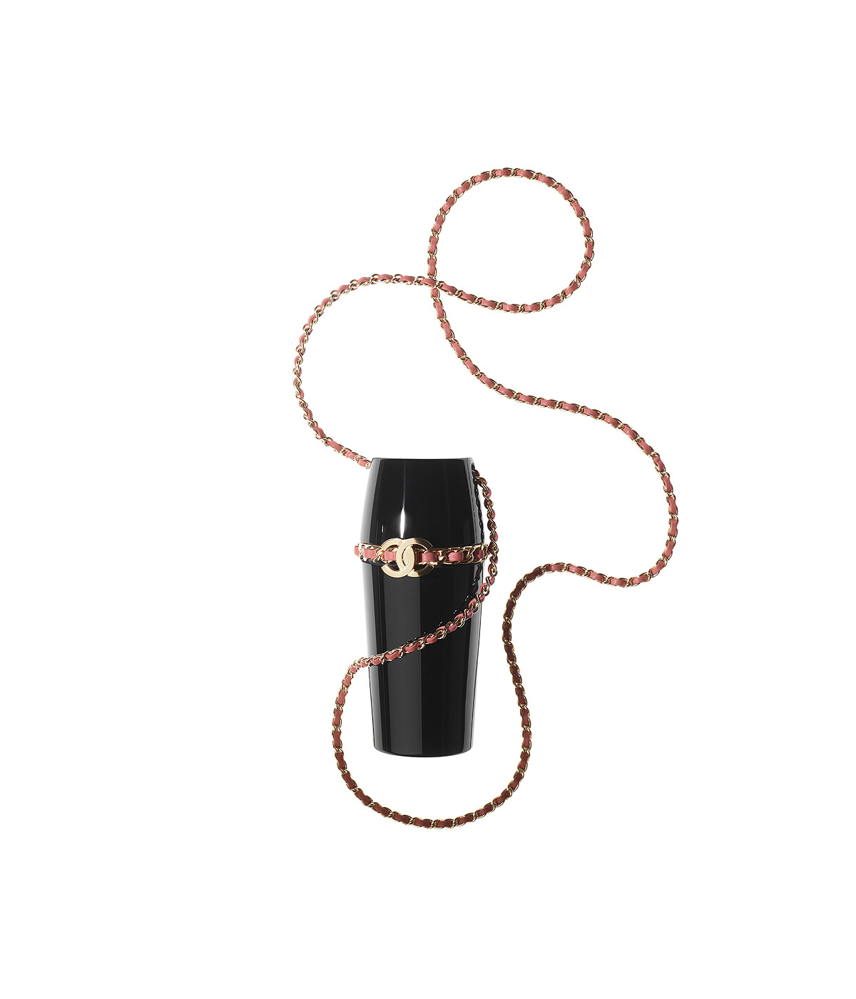 Chanel黑色皮革金屬雙C LOGO珊瑚粉皮穿鍊口紅盒項鍊，售價NT$63,500