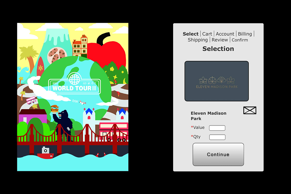 左為「World Tour III」主視覺，右為《Table for Future》未來餐券活動線上餐券購買畫面。