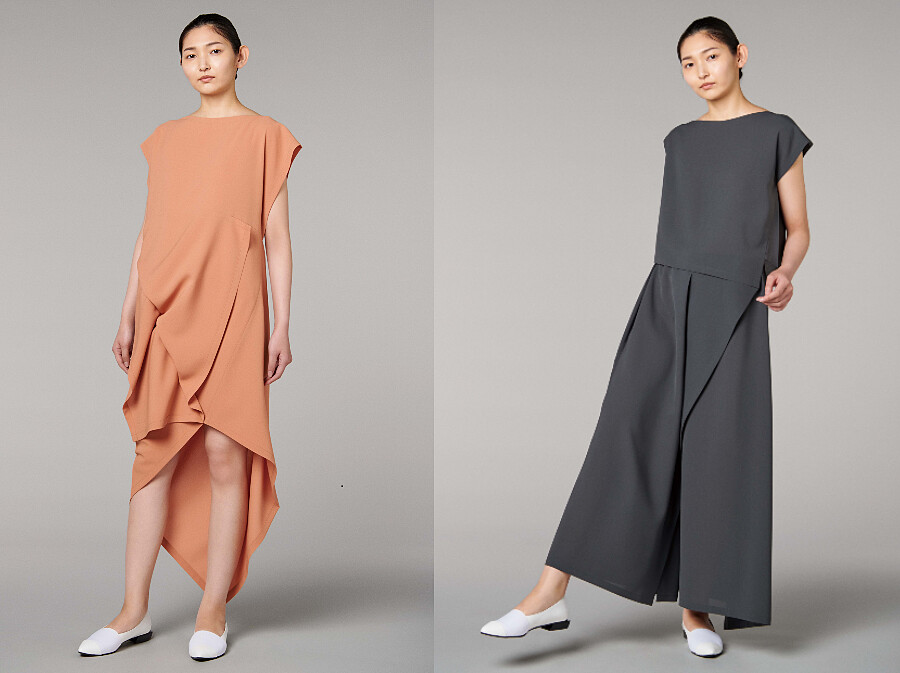 左：交疊柔墜洋裝，NT25,800、右：交疊柔墜短袖上衣，NT13,800、交疊柔墜長褲，NT22,800。