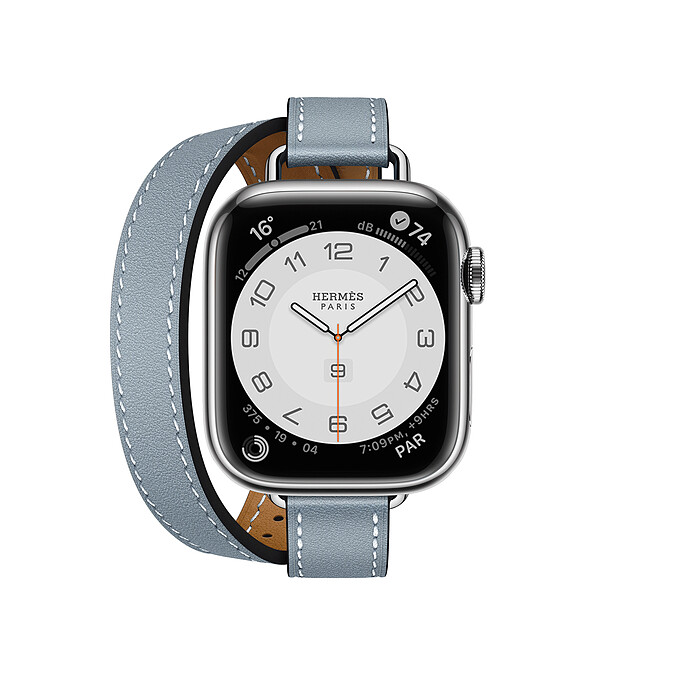 第七代 Apple Watch Herm&egrave;s_Attelage 系列(41mm錶殼)_亞麻藍色雙圈 Swift 小牛皮錶帶錶款_售價未定