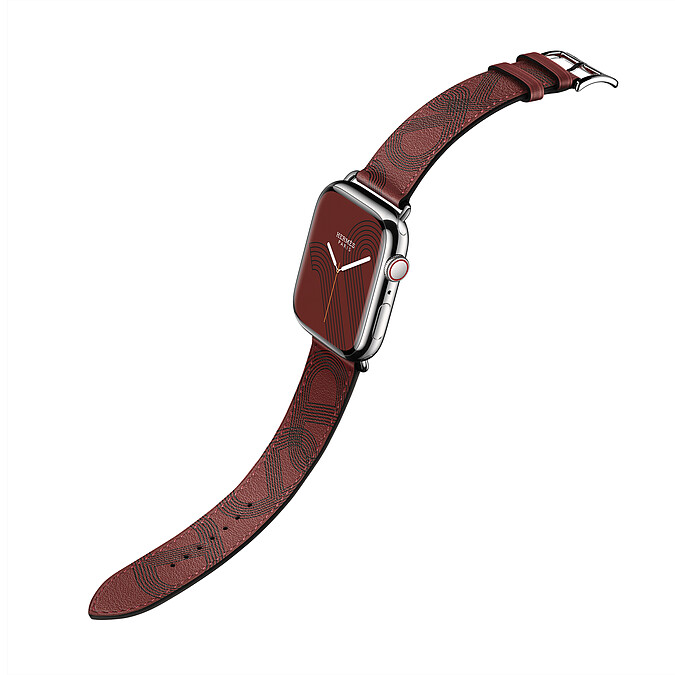 第七代 Apple Watch Herm&egrave;s_Circuit H 圖紋系列 愛馬仕紅色與黑色單圈 Swift 小牛皮錶帶錶款_售價未定