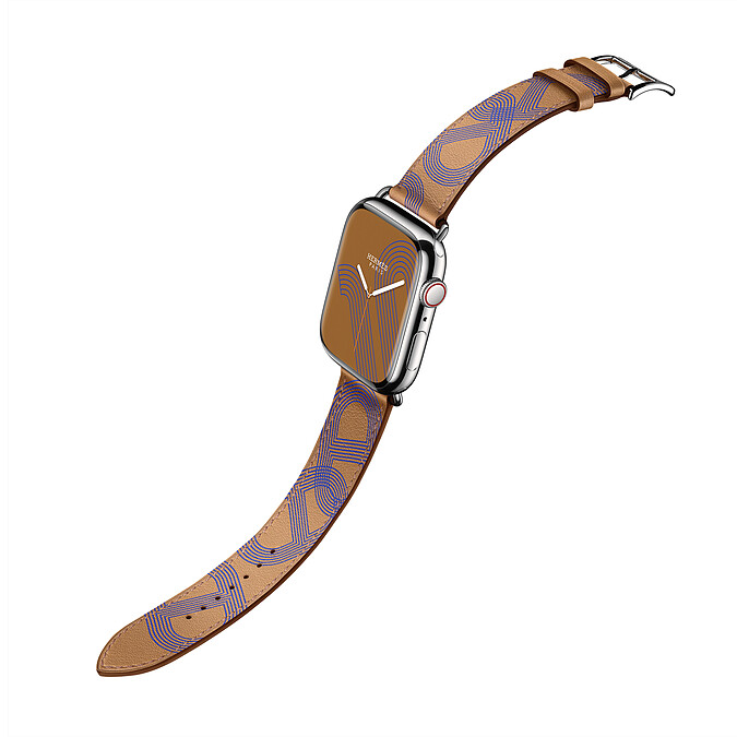 第七代 Apple Watch Herm&egrave;s_Circuit H 圖紋系列 餅乾色與電光藍色單圈 Swift 小牛皮錶帶錶款_售價未定