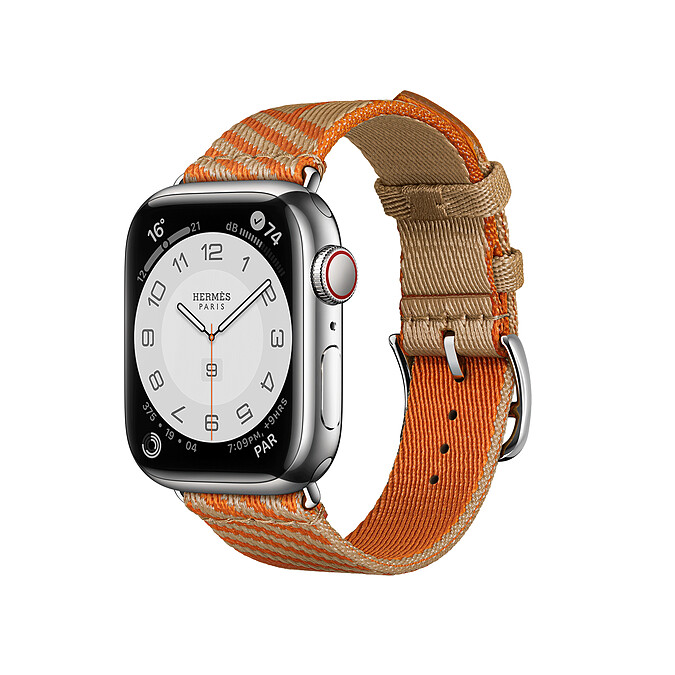 第七代 Apple Watch Herm&egrave;s_Jumping 圖紋印花系列 牛皮紙色與橘色單圈織帶錶款_售價未定-2