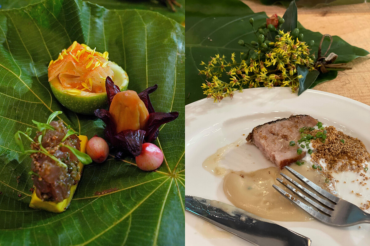 （左）前菜；（右）主菜「燻烤酒粕豬肋」。