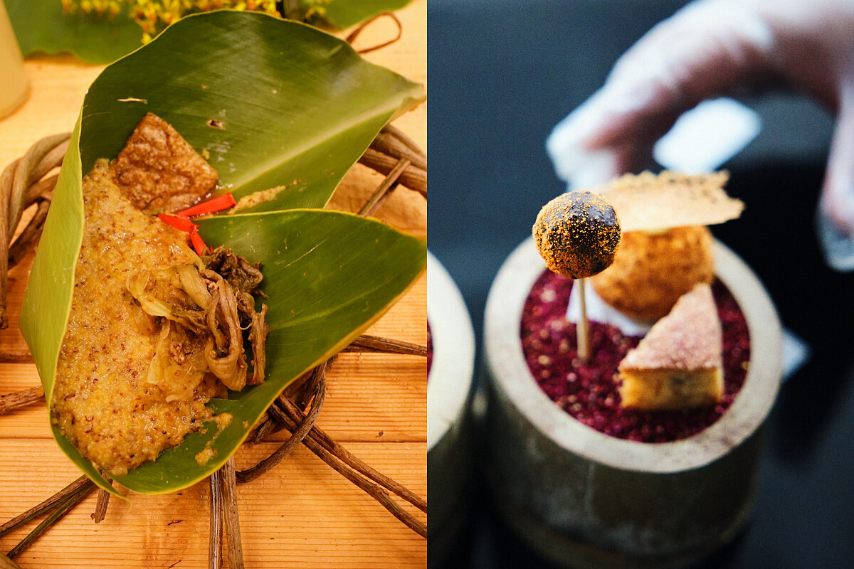 （左）傳統小米飯；（右）甜點「紅藜三重奏」。