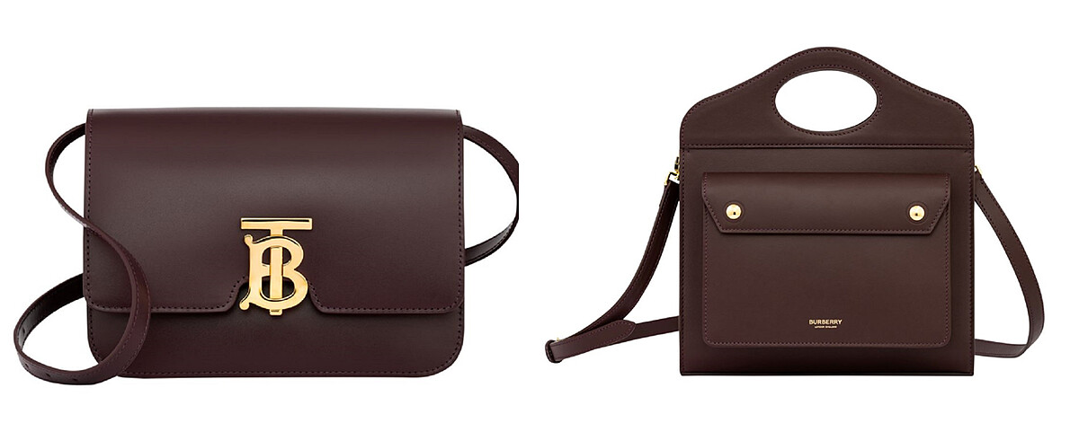 Burberry台中專門店 獨家包款(左)小型皮革TB包(深魔力紅)，NT85,000、(右)迷你皮革 Pocket包(深魔力紅)，NT59,000。