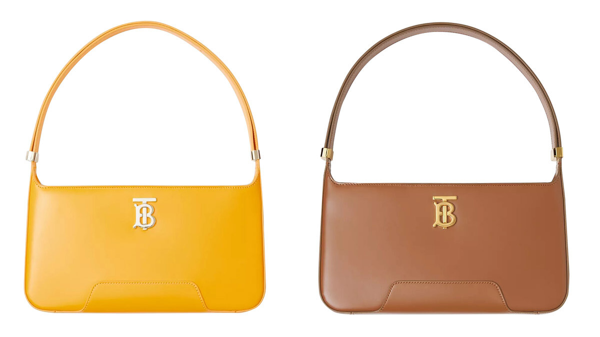 (左)皮革 TB 肩背包 深番紅花色 TWD59,000、(右) 皮革 TB 肩背包 暖棕褐色 TWD59,000