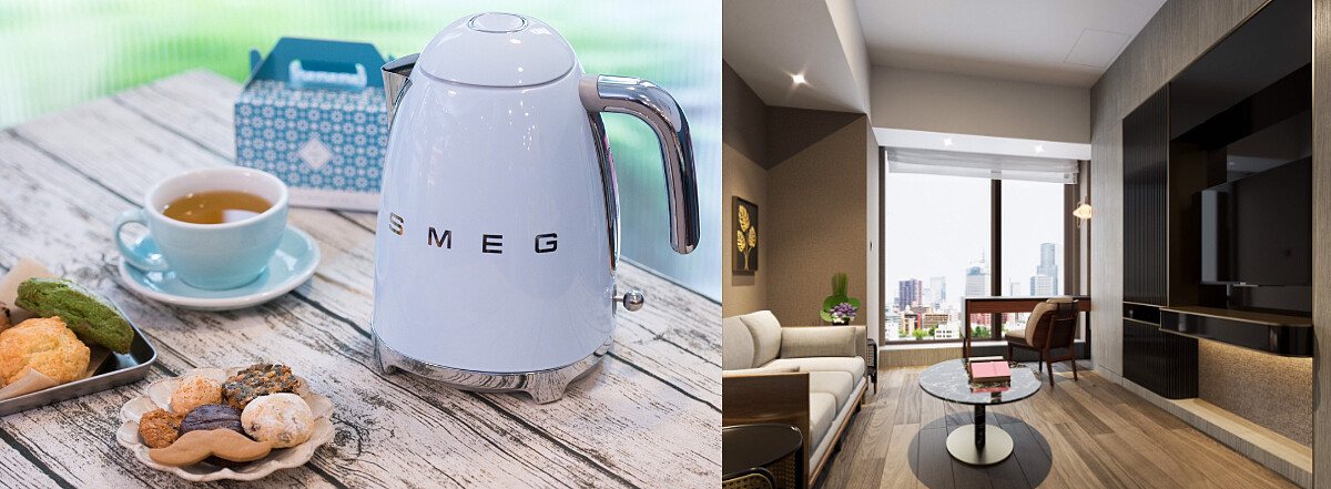 （左）高雄洲際酒店客房選用義大利進口SMEG復古控溫電熱水壺。（圖／品硯實業提供）、（右）高雄洲際酒店套房客廳區域。