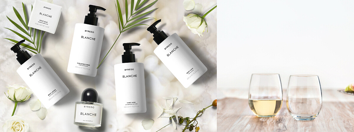 圖左：高雄洲際酒店沐浴備品選用瑞典香氛品牌BYREDO，照片提供：Hunter Amenities 圖右：西班牙 VICRILA 鋼化玻璃杯，照片提供：嘉偉利Jv Design & Hospitality