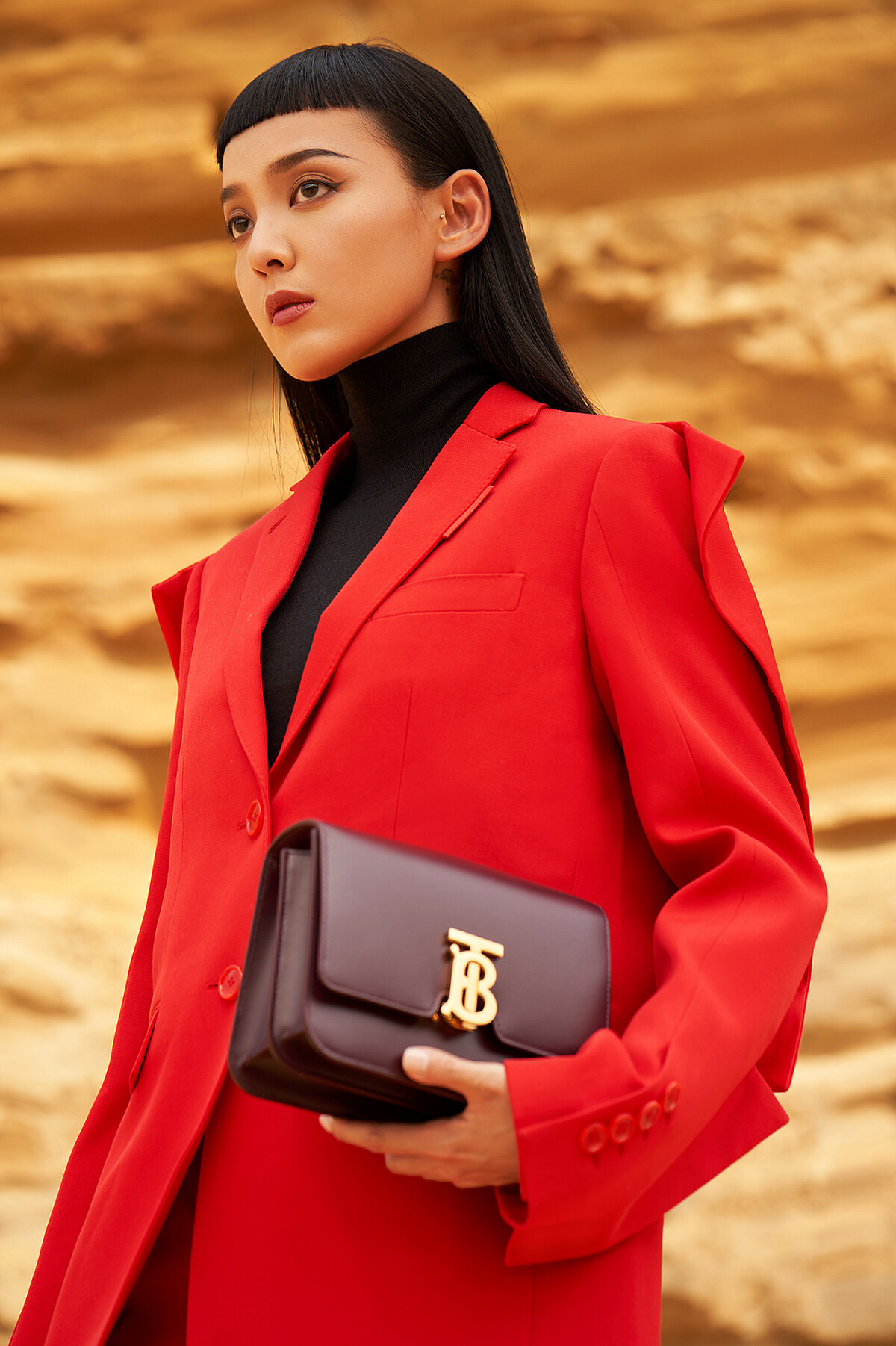 小型皮革 TB 包、裁片細節粒面羊毛量裁外套、粒面羊毛量裁長褲、絲質高領套頭衫，all by Burberry。