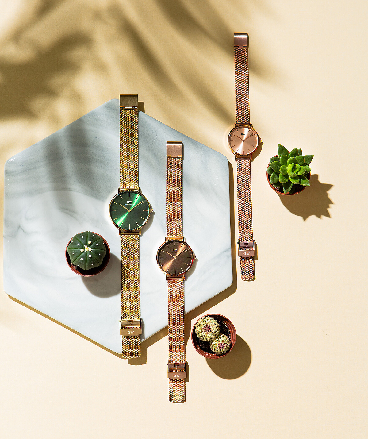 左起： Petite Emerald幻彩森林綠腕錶、Petite Amber幻彩琥珀棕腕錶、Petite Unitone(RG)幻彩玫瑰金腕錶。