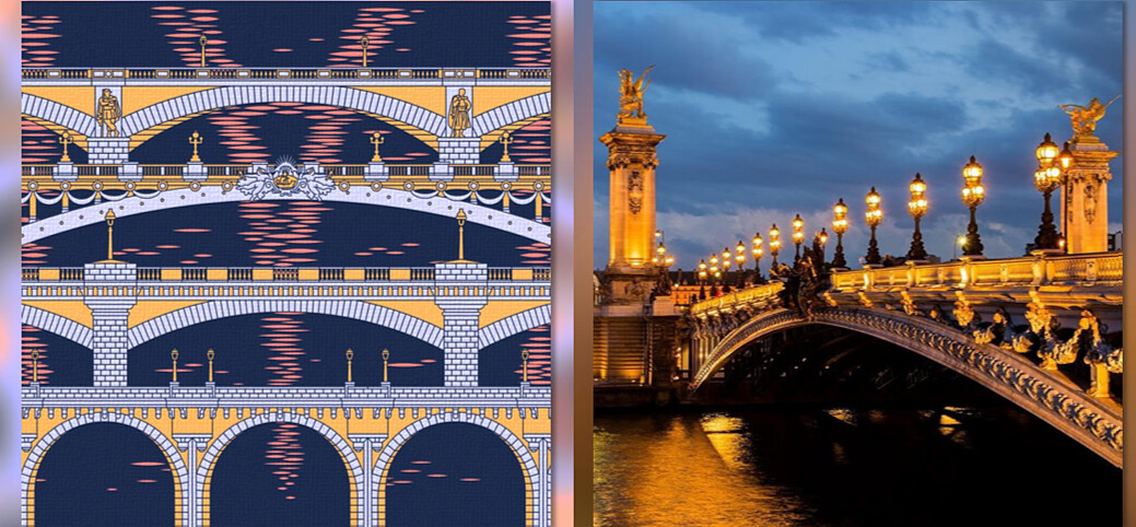 (左) FLORAiKU夢迴巴黎淡香精瓶身設計圖案、(右)巴黎亞歷山大三世橋。