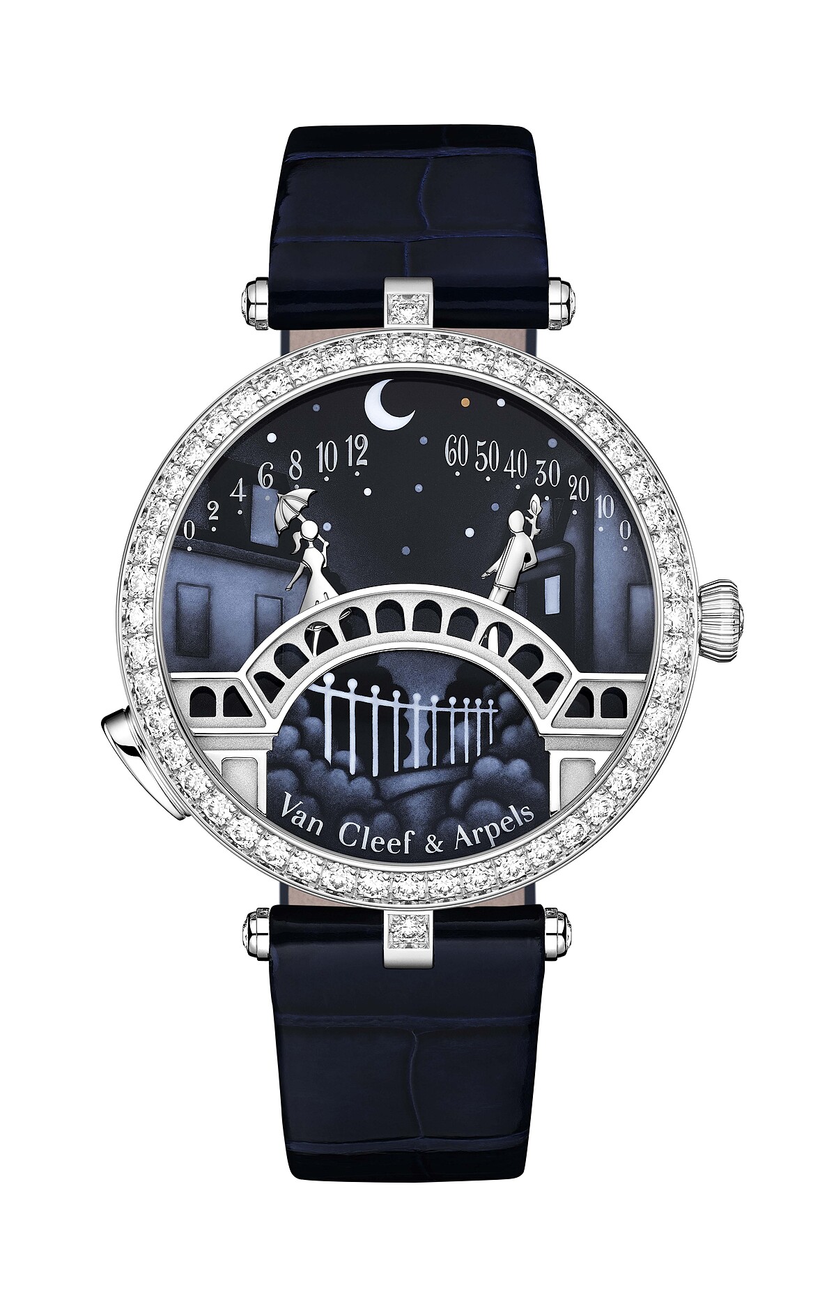 Lady Arpels Pont des Amoureux 腕錶 - 38毫米白K金錶殼，配搭白K金鑲鑽錶圈及單鑲一顆美鑽的錶冠 - 錶盤：墨彩琺瑯，綴以白K金鏤雕 - 可替換的海軍藍色亮面短吻鱷魚皮錶帶，及可替換的白K金鑲鑽針扣 - 自動上鍊機械機芯，搭載專為Van Cleef & Arpels 梵克雅寶獨家研發的逆跳及按需動畫模組，配備36小時動力儲存 - 獨立編號版本 建議售價約新台幣$3,830,000元
