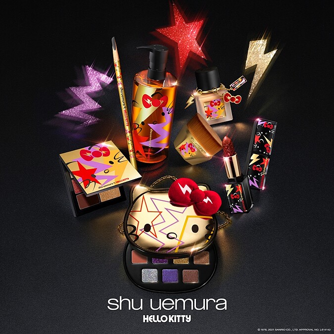 shu uemura植村秀 X Hello Kitty聯名系列彩妝產品主視覺。