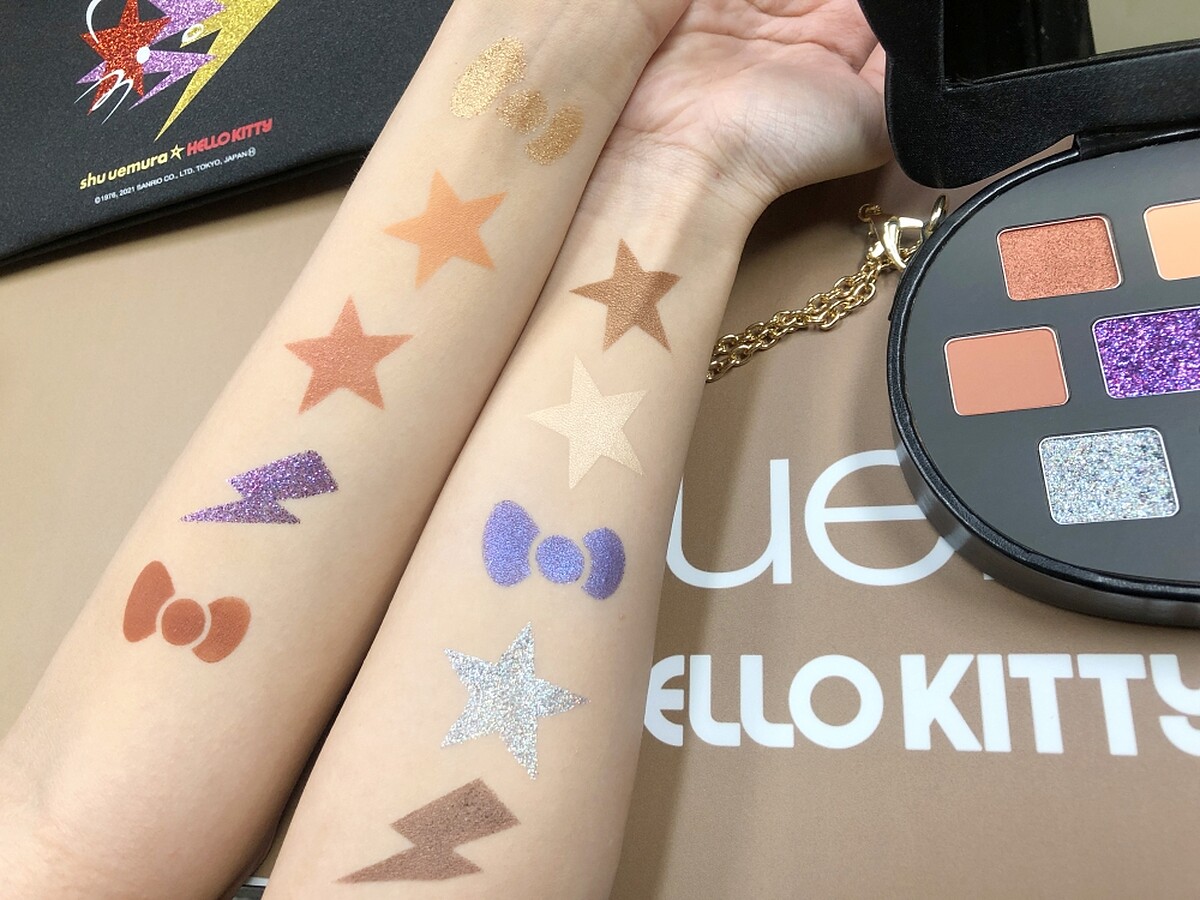 shu uemura植村秀 X Hello Kitty聯名系列搖滾潮趴10色眼影盤手部試色。