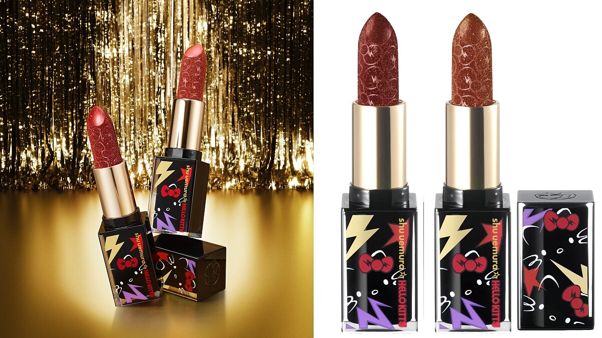 shu uemura植村秀 X Hello Kitty聯名系列無色限搖滾星鑽唇膏(#Ruby Sparkler石榴香檳、#Dazzling Nude西柚香檳),NT1,200。