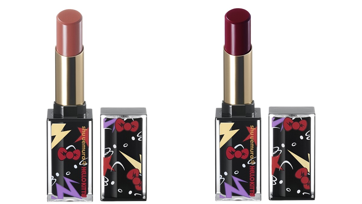 shu uemura植村秀 X Hello Kitty聯名系列無色限聚光豐潤脣膏(#Ginger flash薑汁調酒、#LS WN 282夜光紅酒),NT1,050。