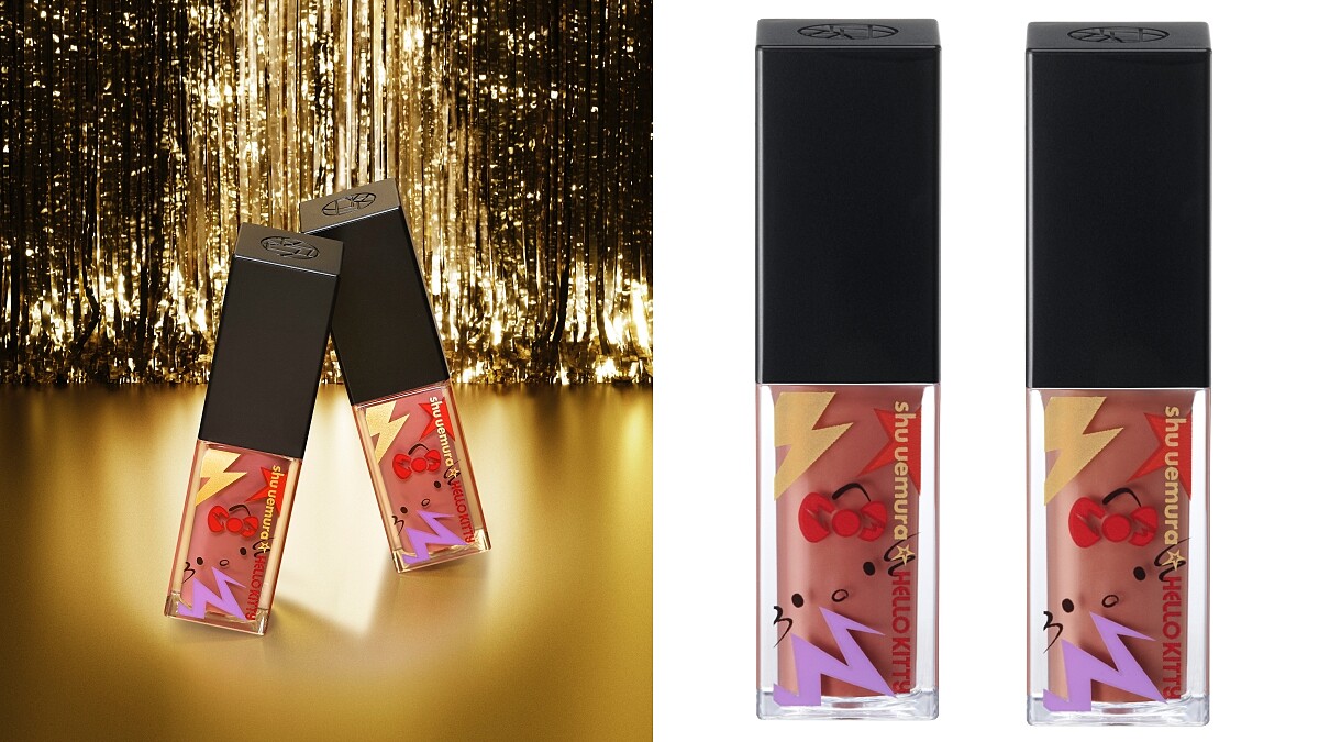 shu uemura植村秀 X Hello Kitty聯名系列無色限奶油緞光唇釉(#Peach martini蜜桃馬丁尼、#Apricot colada杏桃可樂達),NT1,050。