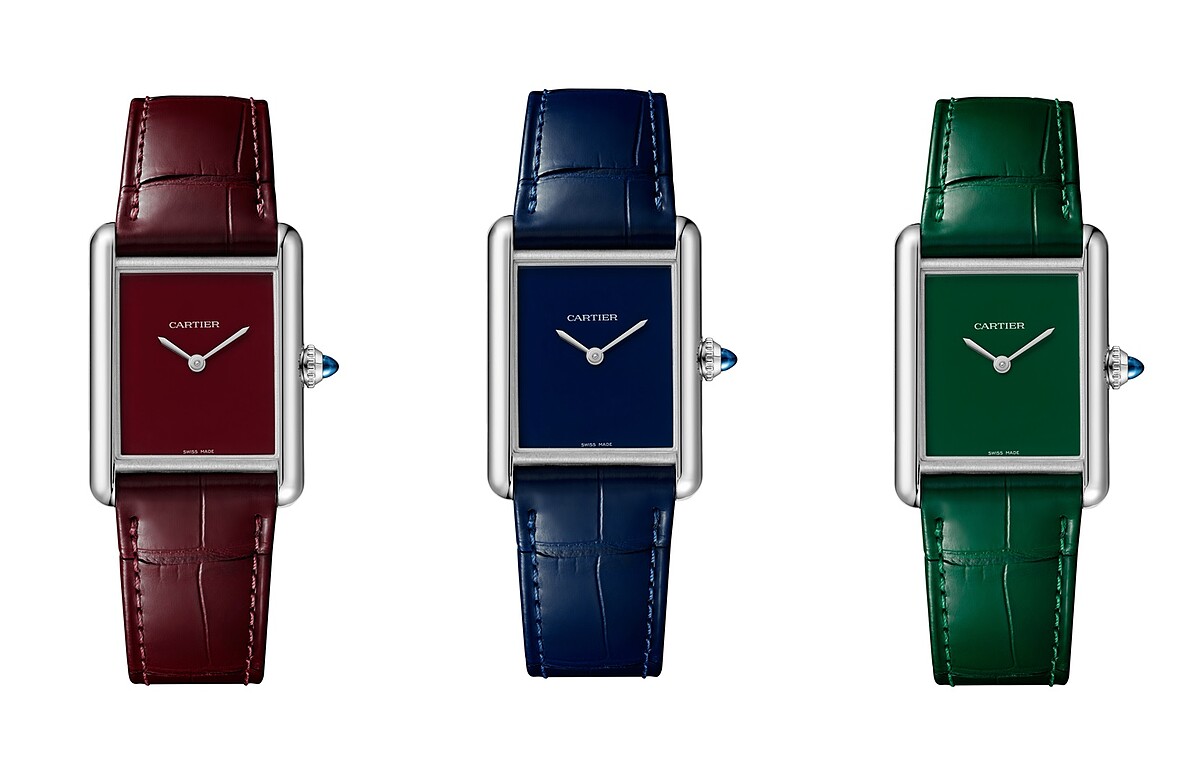 Tank Must腕錶(綠色真漆錶盤+綠色鱷魚皮錶帶)、Tank Must腕錶(深紅色真漆錶盤+深紅色鱷魚皮錶帶)、Tank Must腕錶(綠色真漆錶盤，綠色鱷魚皮錶帶)，參考價格約NT 84,500