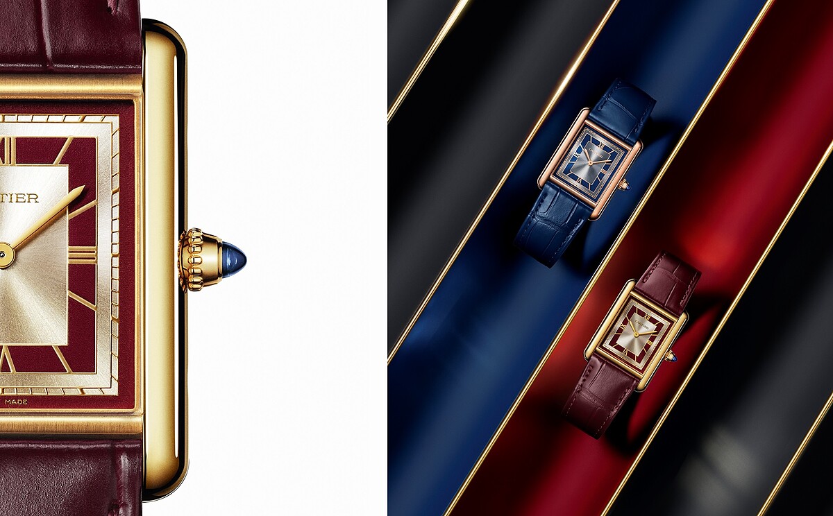 Tank Louis Cartier腕錶(大型款)，黃K金錶殼，卡地亞1917 MC 型工作坊精製手動上鍊機械機芯。圓珠形錶冠鑲嵌1顆凸圓形藍寶石。