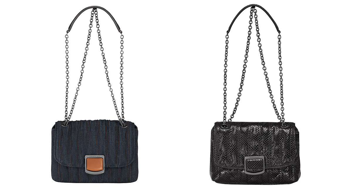 Brioche Denim 系列小型斜揹袋 (丹寧藍),建議售價 NT22,200;Brioche Serpent系列小型斜揹袋(黑色),建議售價NT26,900。