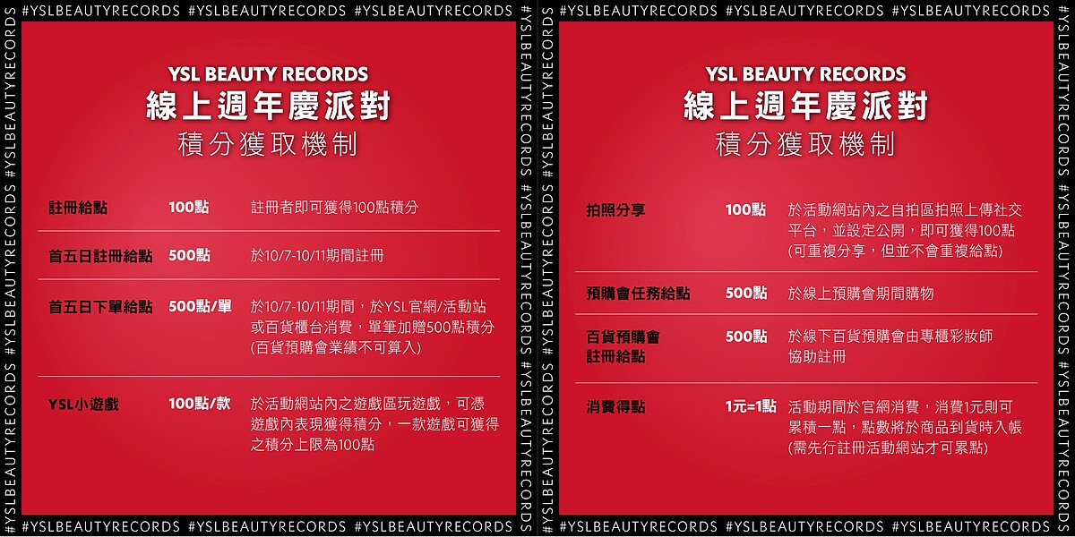 YSL 線上週年慶派對積分獲取機制
