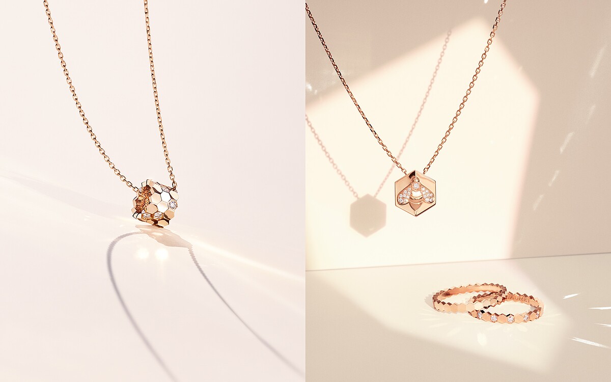 左圖：Bee My Love 18K玫瑰金吊墜，鑲嵌12顆明亮式切割鑽石。右圖：Bee My Love 18K玫瑰金吊墜，鑲嵌明亮式切割鑽石。Bee My Love 18K玫瑰金戒指，半鋪鑲明亮式切割鑽石。Bee My Love 18K玫瑰金戒指。