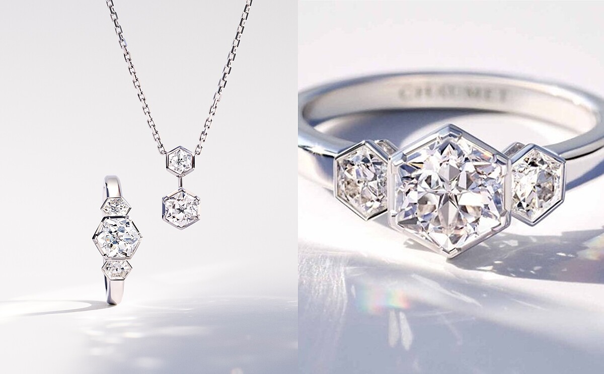 Bee My Love 18K白金戒指，鑲嵌1顆約重1克拉的Taille Imp&eacute;ratricece皇后式切割鑽石和兩顆Taille Imp&eacute;ratrice皇后式切割鑽石。Bee My Love 18K白金吊墜，鑲嵌2顆Taille Imp&eacute;ratrice皇后式切割鑽石，各重0.7克拉及0.23克拉。