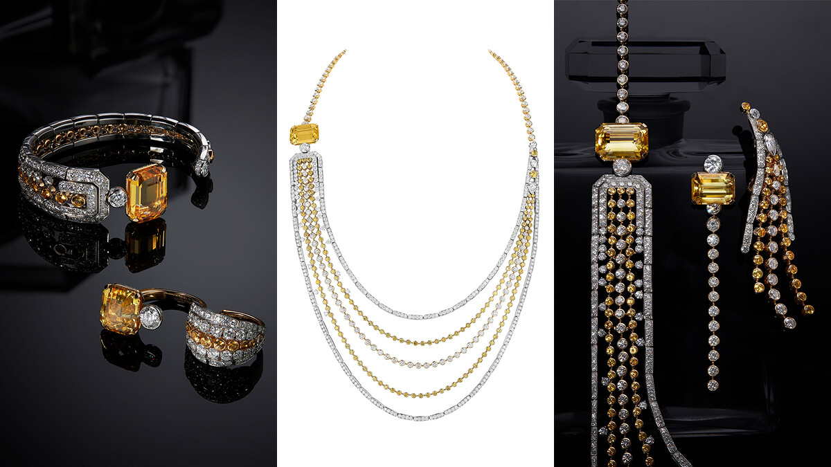 由左至右：Golden Stopper手鐲、戒指、項鍊及耳環