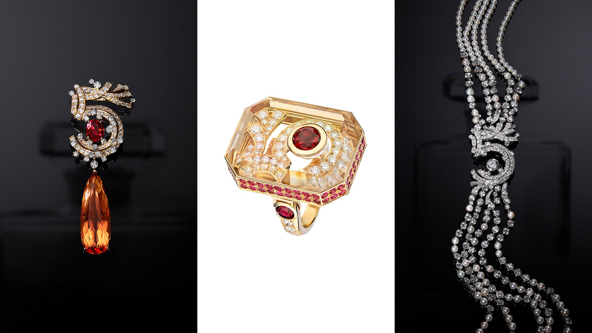 由左至右：Ribboned N&deg;5 胸針、戒指、項鍊