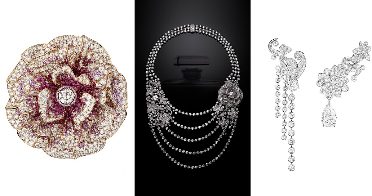 由左至右：May Rose 胸針、Absolu N&deg;5項鍊、Absolu N&deg;5耳環