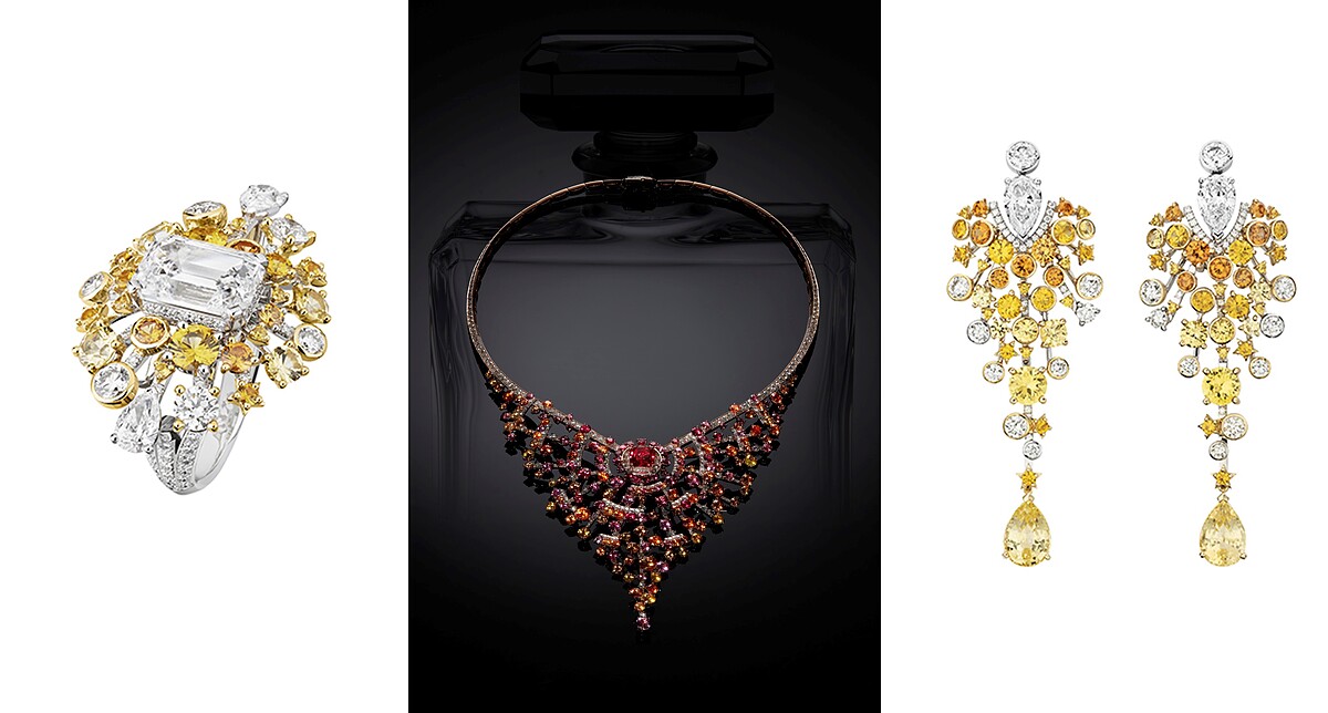 由左至右：Golden Sillage 戒指、Blushing Sillage項鍊及Golden Sillage耳環