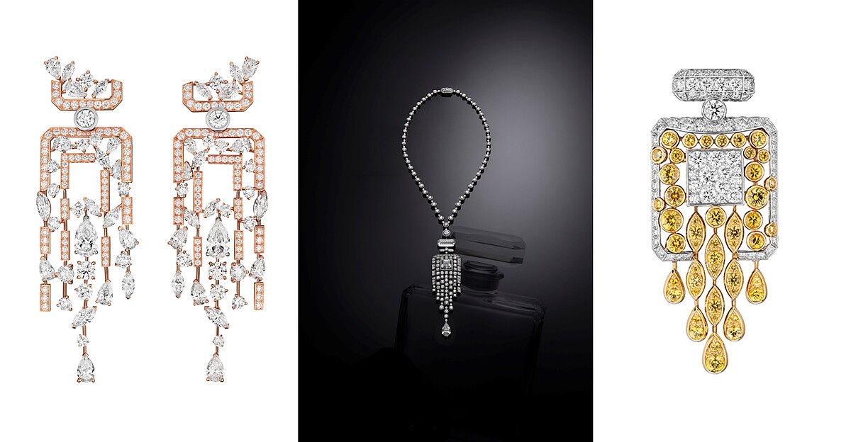 由左至右：N&deg;5 SPARKLING SILHOUETTE 耳環、N&deg;5 SIGNATURE BOTTLE 項鍊 、N&deg;5 SIGNATURE BOTTLE 胸針