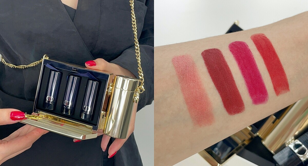 DIOR迪奧藍星唇膏金緻珠寶盒四色手部試色，左到右：#466、#858、#862、#999
