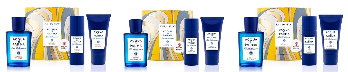 Emilio Pucci x Acqua di Parma 2021聯名耶誕系列(左起)藍色地中海卡布里香橙耶誕禮盒，NT3,900、藍色地中海加州桂耶誕禮盒，NT3,900、藍色地中海無花果耶誕禮盒，NT3,900