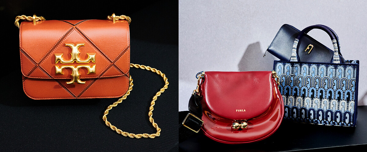 Tory Burch Eleanor鏈帶包，推薦價29,900；紅色-FURLA PORTAGIOIA MINI CROSSBODY 推薦價12,800 圖騰-FURLA OPPORTUNITY MINI TOTE 推薦價11,800 皮夾-FURLA MOON XL ZIP AROUND SLIM 推薦價7,800