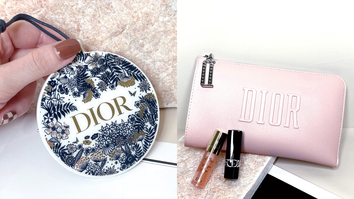(左)DIOR金棕梠陶瓷香氛片、(右)裸粉皮革包&藍星唇膏999精巧版&玫瑰微導精露4.5ML