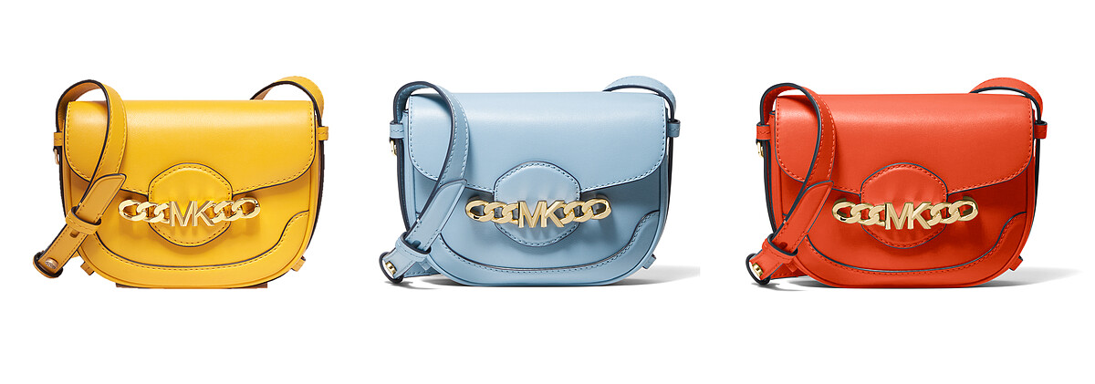 左至右：Hally 檸檬黃色、天空藍色馬鞍包、馬鞍包橙花橘馬鞍包，各NT16,300