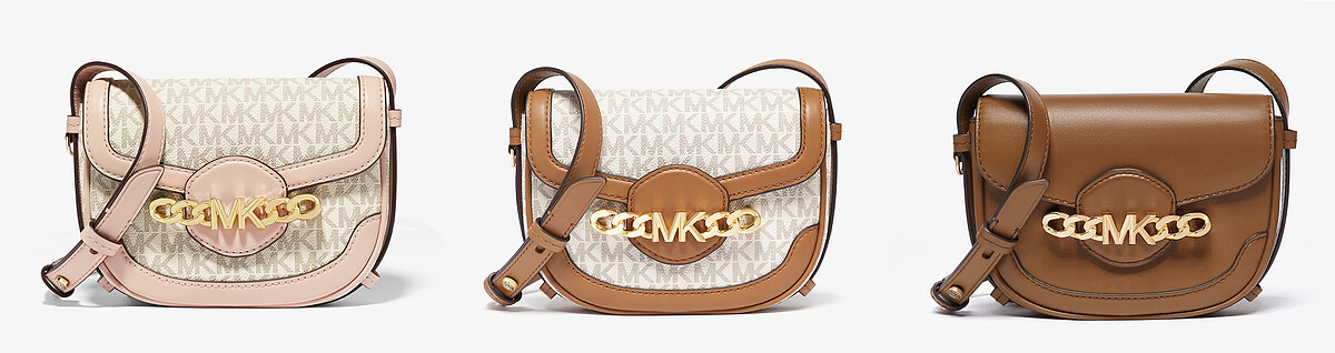 左至右：Hally 粉白色老花馬鞍包、米白色老花馬鞍包、駝色馬鞍包，各NT16,300