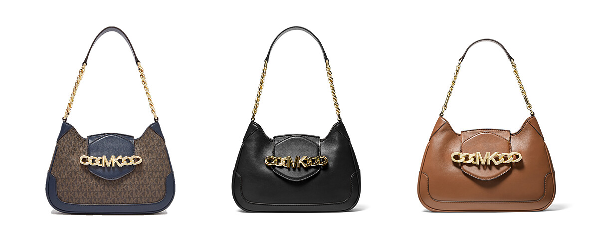 左至右：Hally 海軍藍色老花肩背包、黑色皮革肩背包、駝色麂皮肩背包，各NT17,500