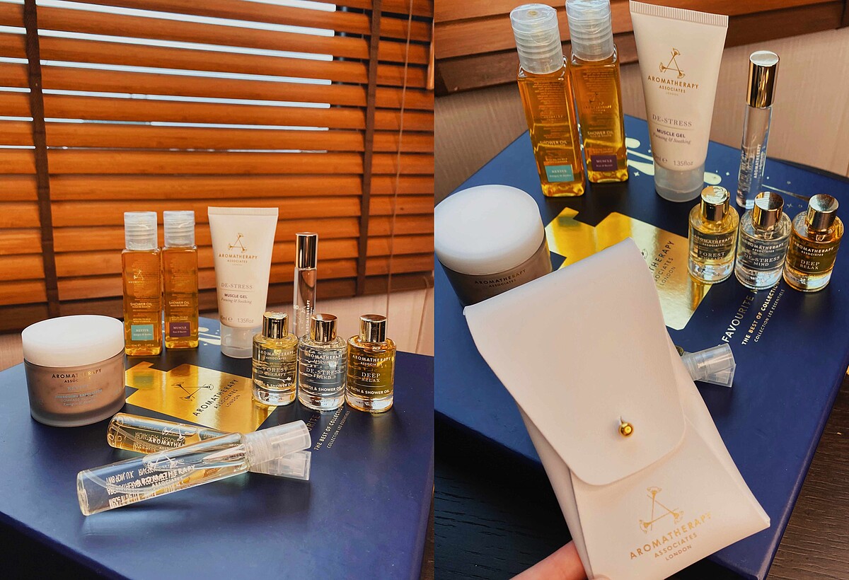 內含:晚間舒緩沐浴油9ml、晚間舒緩噴霧10ml、明煥精油沐浴露50ml、明煥亮膚磨砂膏50ml、舒緩精油沐浴露 50ml、舒緩凝膠40ml、怡神沐浴油9ml、怡神滾珠香氛10ml、心靈之沐沐浴油9ml、心靈之沐舒緩噴霧10ml、滾珠收納包