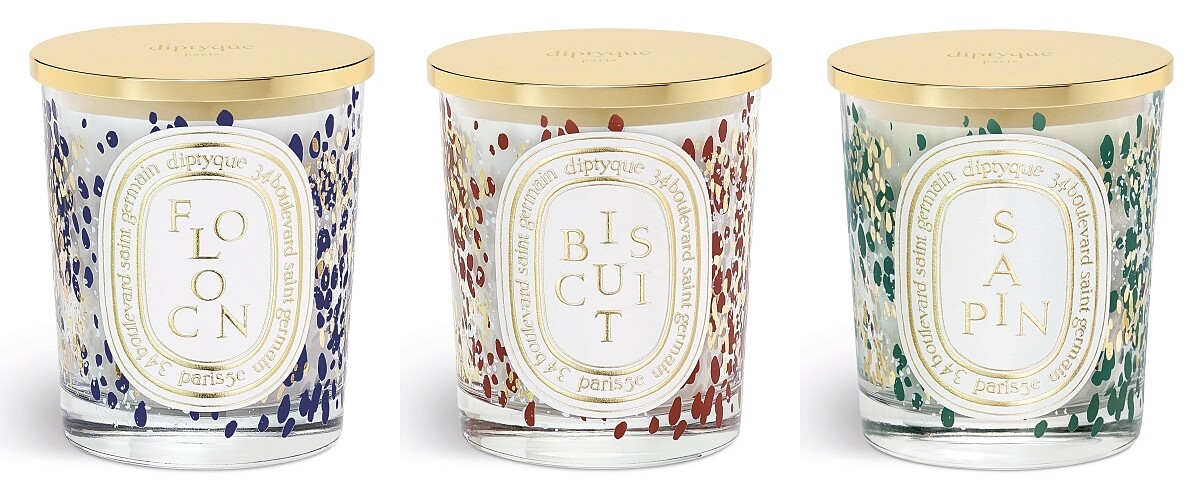 diptyque 2021聖誕系列香氛蠟燭(左起Flocon靛晶冬雪、Biscuit紅輝曲奇、Sapin墨翠冷杉)70g,NT1,400、190g,NT2,450