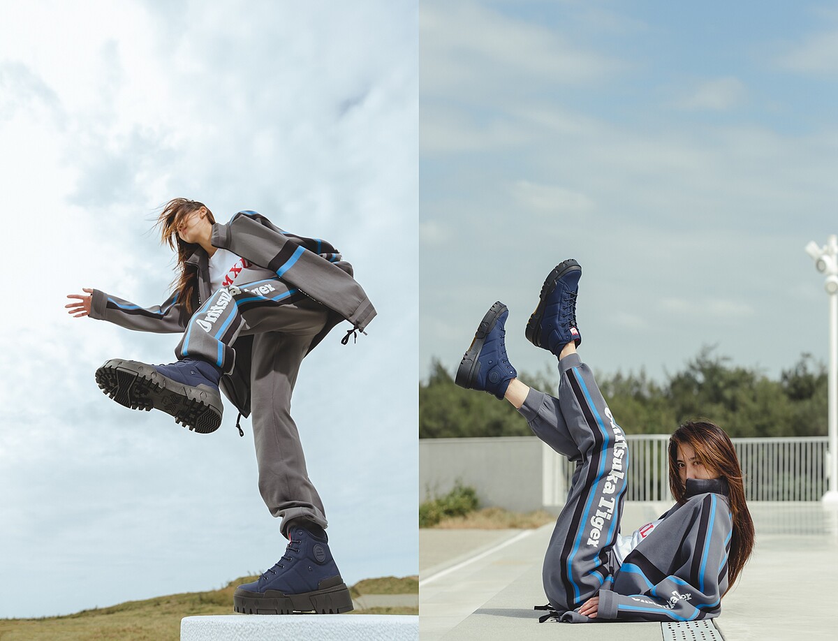 寬版字母短TEE NTD 1,680、厚磅針織運動外套、厚磅針織運動褲、HMR PEAK G-TX復刻靴款,NT6,680,All by Onitsuka Tiger。