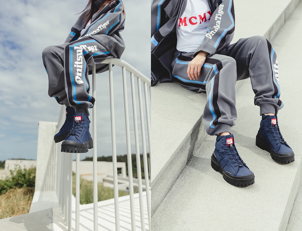 寬版字母短TEE NTD 1,680、厚磅針織運動外套、厚磅針織運動褲、HMR PEAK G-TX復刻靴款,NT6,680,All by Onitsuka Tiger。