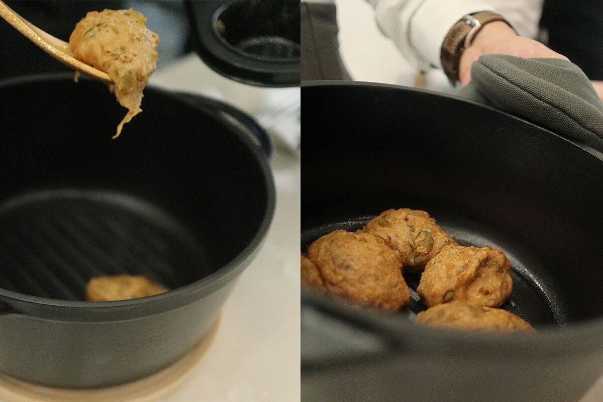 麵團使用14cm Vermicular 琺瑯鑄鐵鍋加熱至230度。