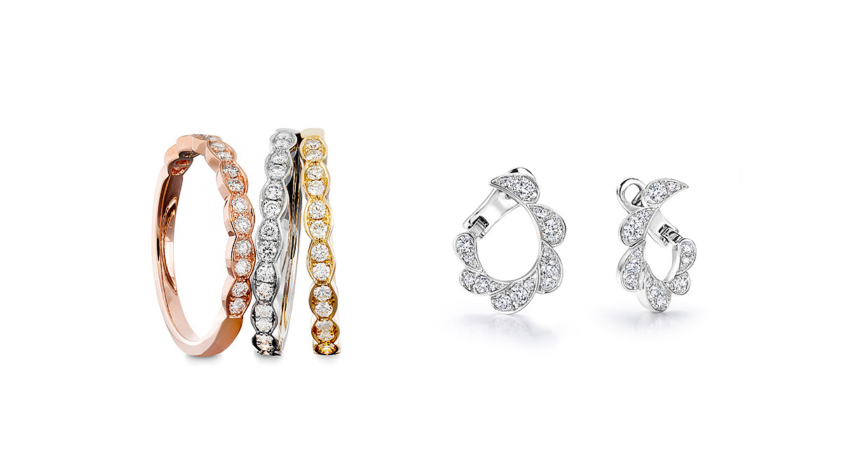 Lorelei Floral鑽石戒指、Lorelei Reverie白K金鑽石耳環。 