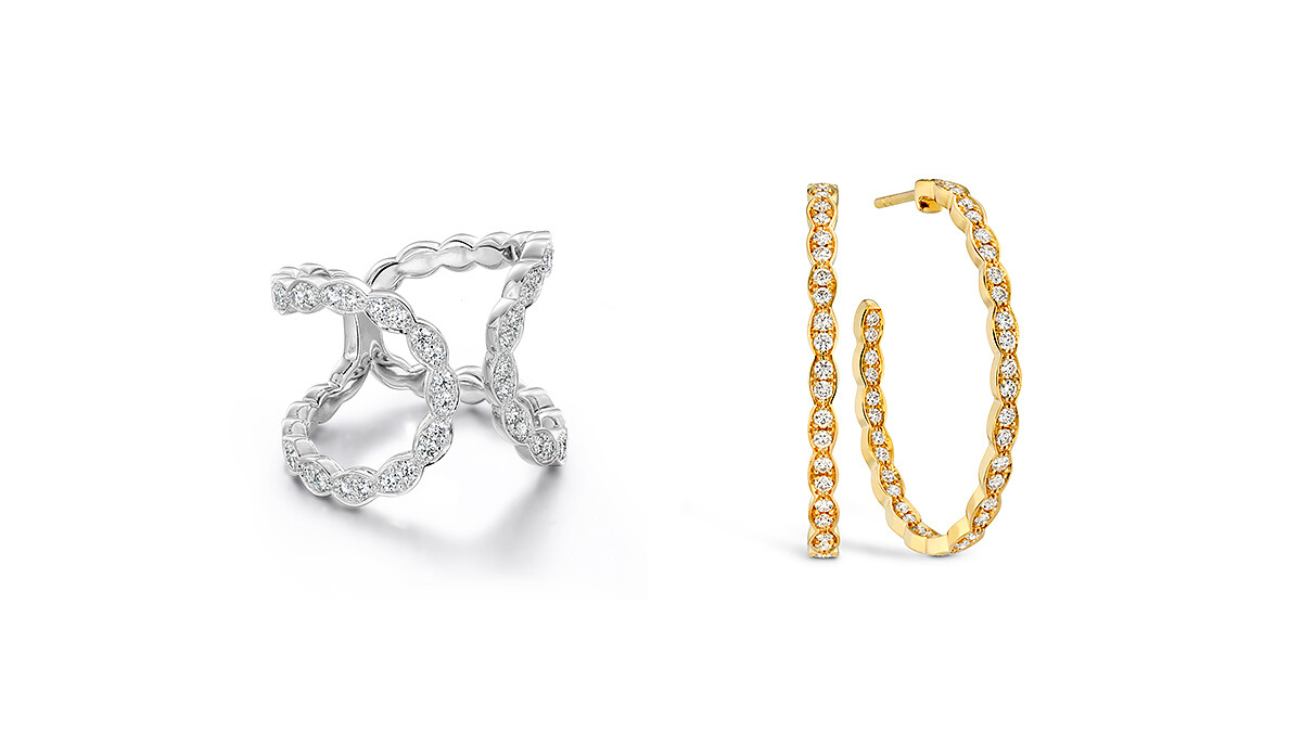 Lorelei Floral白K金鑽石戒指、Lorelei Floral黃K金鑽石耳環。