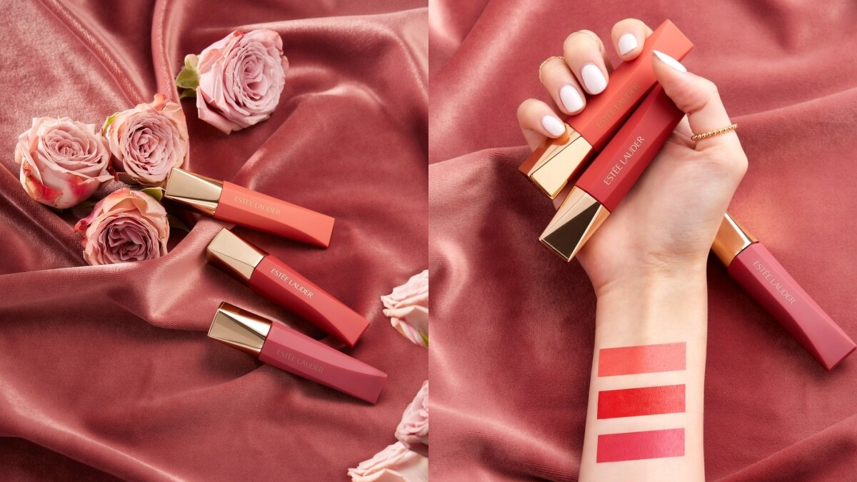 雅詩蘭黛柔霧絲絨唇釉產品與刷色，(由上至下)#924、#926、#935。