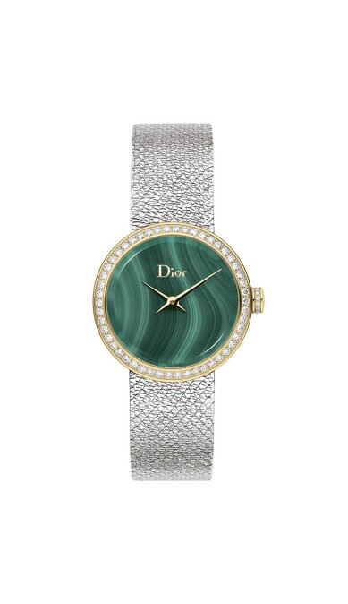 LA D DE DIOR SATINE MALACHITE 25mm 石英機芯 精鋼﹑18K黃金﹑鑽石及孔雀石 NTD340,000